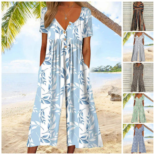 💥Last Day Special Sale 49% OFF💃Printed V-Neck Side Pocket Jumpsuit