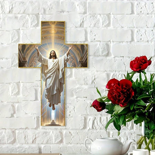 An old wooden wall cross with the image of Jesus Christ