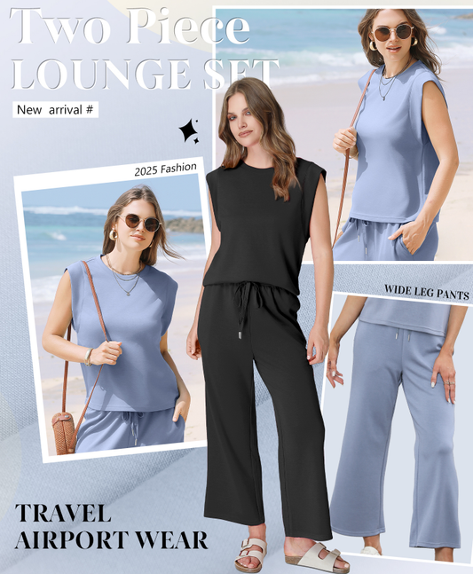 💕Last Day Promotion 49% OFF🔥2025 New Women's Casual Cap Sleeve Top Wide Leg Crop Pants Two Piece Sets