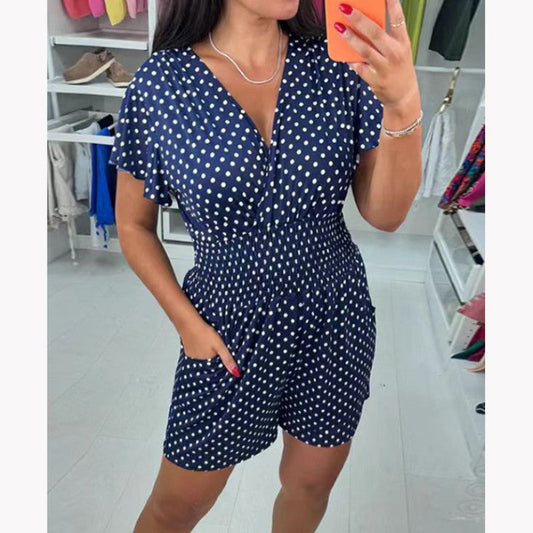 50%OFF👍 Polka Dot V-Neck One-piece Shorts Jumpsuit