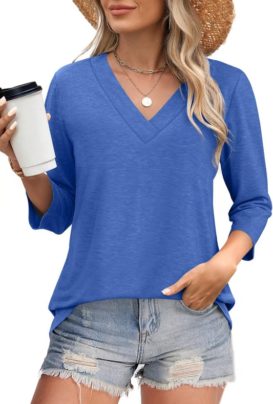 🍂Autumn Sales 49% OFF💐Women's 3/4 Sleeve V Neck Solid Color Top
