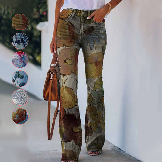 Mote blomster mønstret jeans for kvinner med lommer