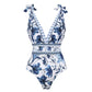 💥Last Day Special Sale 49% OFF🩱V Neck Lace Up Printed One Piece Swimsuit and Skirt
